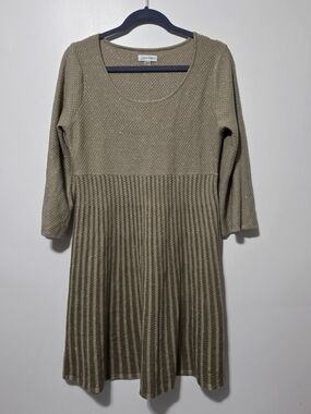 Calvin Klein Metallic Knit Pleated Long-Sleeve Dress in Gold-Taupe